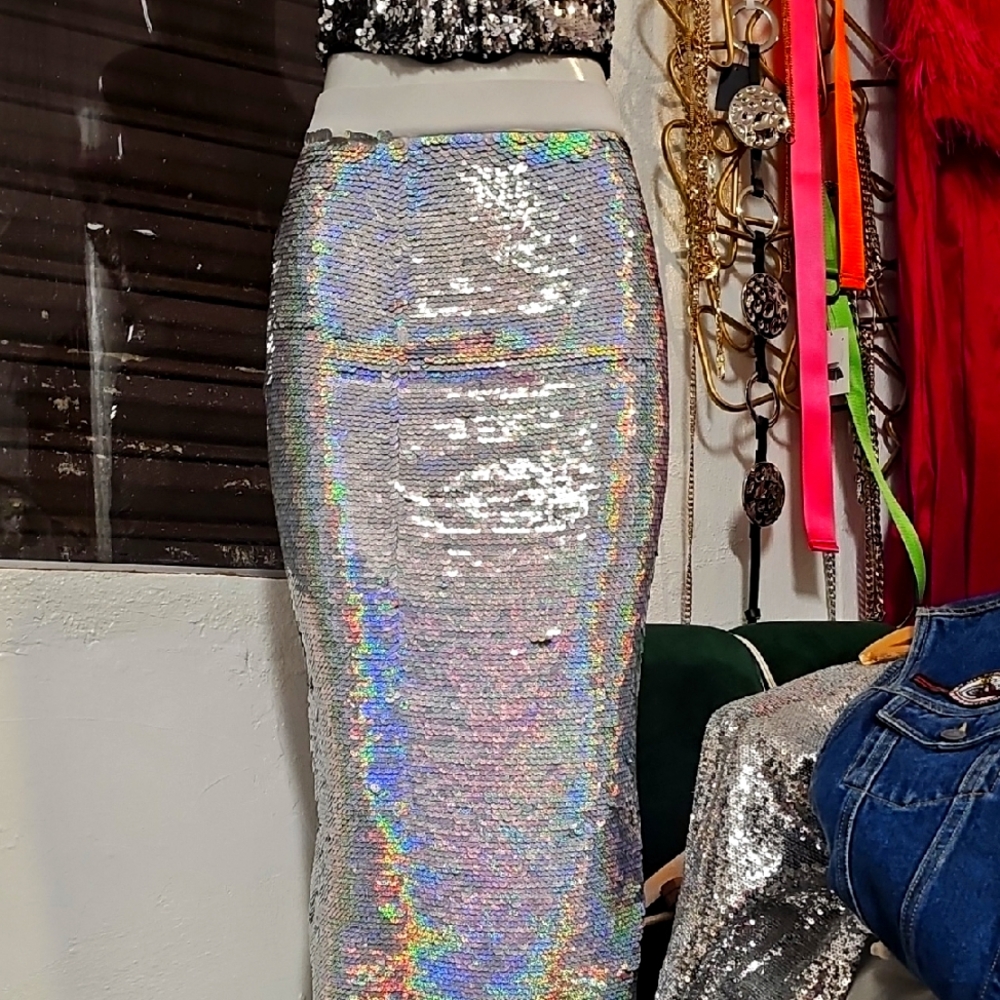 ASOS Pink and Blue Sequin Midi Skirt